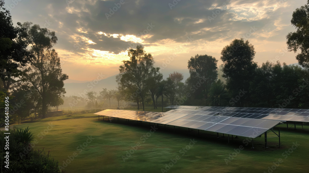 Fototapeta premium A serene landscape featuring solar panels at sunrise.