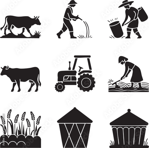 Collection of agricultural icons depicting farming activities and rural life in silhouette style
