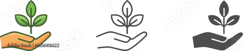 Hand Holding Sprout Icon Set, Plant in Palm, Growth Concept, Outline and Color