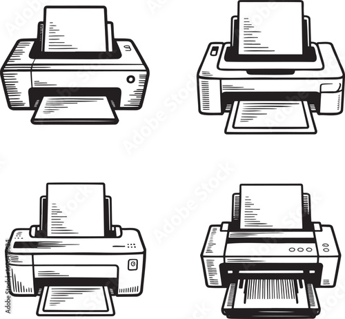 Hand drawn style Printer silhouette set isolated on transparent background