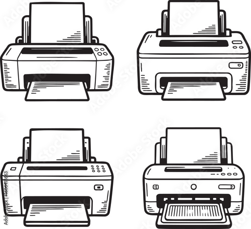 Hand drawn style Printer silhouette set isolated on transparent background