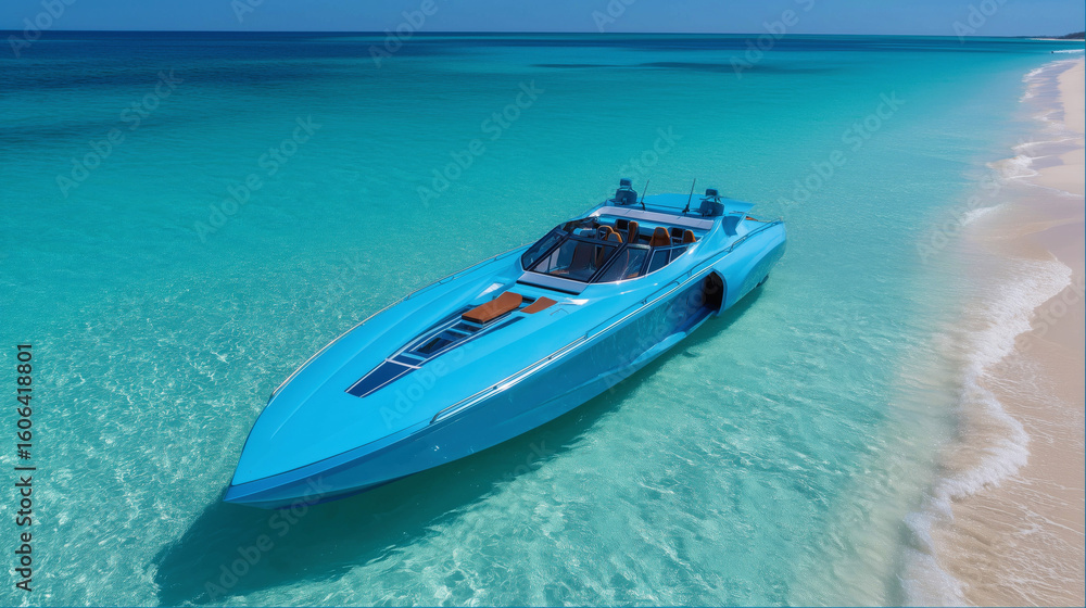 Naklejka premium A sleek blue boat anchored in clear turquoise waters.