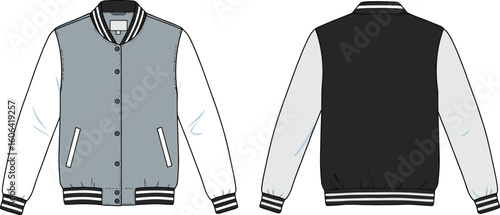 Classic varsity baseball jacket front and back view, trendy unisex bomber outerwear design, stylish sportswear apparel template, detailed flat vector illustration