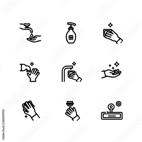 Hand Hygiene Icons. Outline icon set of hand hygiene practices: hand wash, hand sanitizer dispenser, soap bar, paper towel