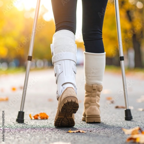 Injured person walking with crutches and leg brace