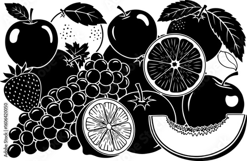 Vector art of a vibrant assortment of fresh fruits including apples, oranges, and berries