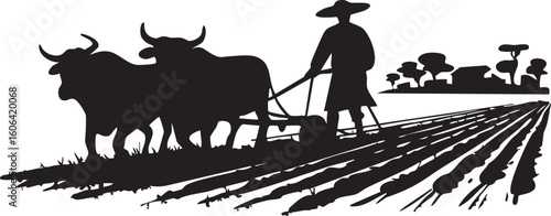 Farmer and oxen plowing a field with a plow in a silhouette style
