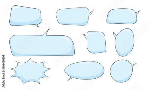 set of blue comic speech bubbles in cartoon style, perfect for dialogue and pop art illustrations.