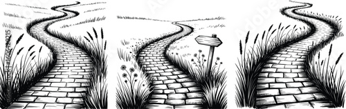 Curved Brick Road Pathway Vector Set, Scenic Countryside Trail Silhouettes with Grass.