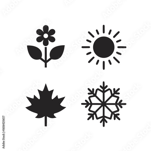 Four seasons icons flower sun maple leaf snowflake on white background spring summer