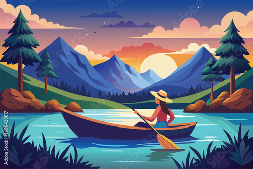 Woman enjoying the tranquility of nature while rowing a canoe on a sunlit river surrounded by mountains and forests at dusk