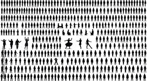 Crowd of people silhouette with center dancers, abstract human population design, performing arts concept, group unity and diversity theme