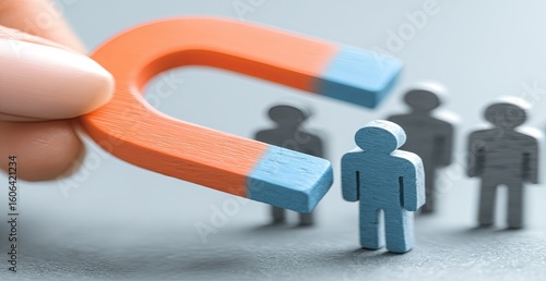 A hand holds a red and blue magnet attracting a small gray figure