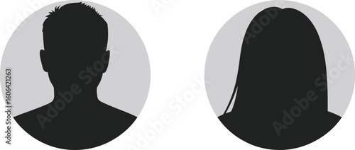 Vector male and female avatar silhouettes, blank profile icons, user identification symbols, default headshot placeholders, anonymous people illustrations