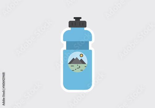 Illustration of a blue water bottle for hiking and sports, featuring an adventure trail and mountain design sticker.