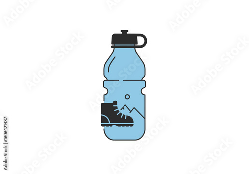 Reusable water bottle with a mountain and hiking boot graphic. A minimalist icon for trekking, adventure, and staying hydrated outdoors.