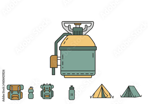 Camping Essentials A collection of camping equipment including a gas stove, backpacks, water bottles, and tents.