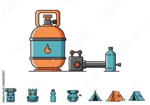 Camping equipment and fuel supply set. Gas cylinder for a portable stove with hiking gear icons like a backpack and tent.