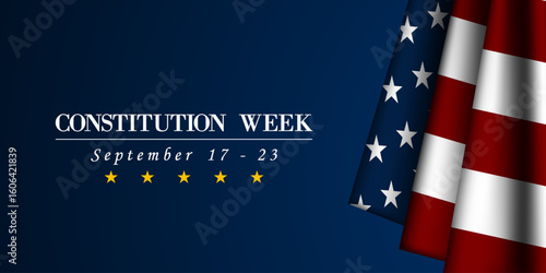 September 17 to 23 is Constitution Week. American flag. Great for posters, banners, social media and more. Blue background. 