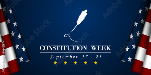 September 17 to 23 is Constitution Week. American flag and feather. Great for posters, banners, social media and more. Blue background. 