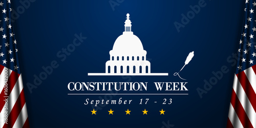 September 17 to 23 is Constitution Week. American flag, white house dome and feather. Great for posters, banners, social media and more. Blue background. 
