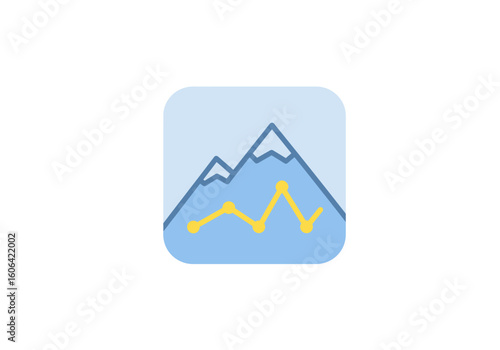 Vector icon of a mountain with a fluctuating line chart, symbolizing business performance, data tracking, and goal setting