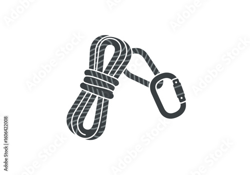 Simple icon of a coiled climbing rope and carabiner. Vector graphic for outdoor adventure, hiking, and safety equipment.