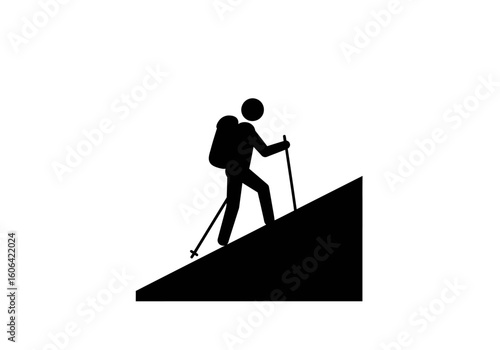 Black silhouette icon of a hiker with a backpack and poles climbing a mountain. Concept of adventure, trekking, and exploration.