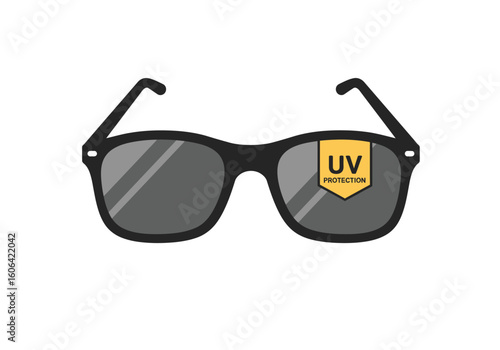 Black sunglasses icon with a UV protection label. Flat vector illustration of stylish summer eyewear for eye safety from ultraviolet sun rays.