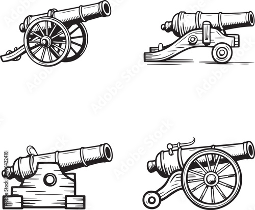 Hand drawn style Vintage cannon silhouette set isolated on transparent background 