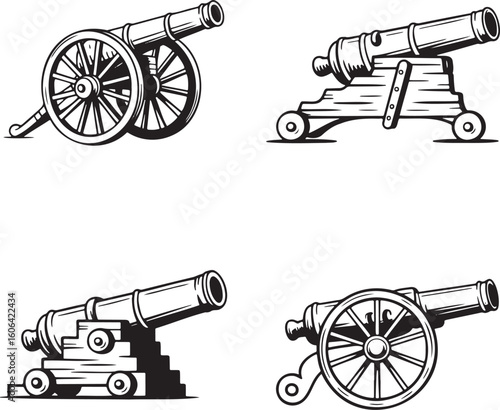 Hand drawn style Vintage cannon silhouette set isolated on transparent background 