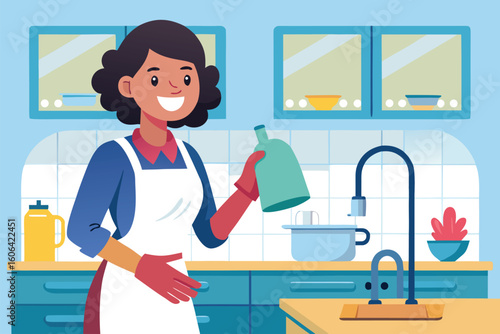 Woman wearing gloves and apron joyfully cleaning the kitchen sink in her bright and organized home during daytime