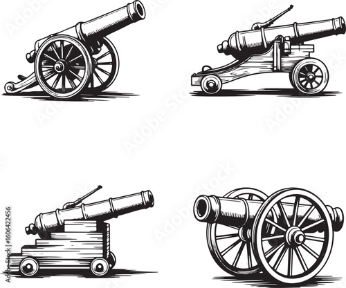 Hand drawn style Vintage cannon silhouette set isolated on transparent background 