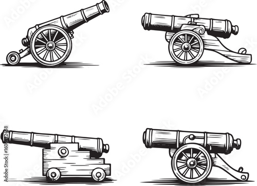 Hand drawn style Vintage cannon silhouette set isolated on transparent background 