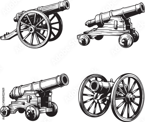 Hand drawn style Vintage cannon silhouette set isolated on transparent background 
