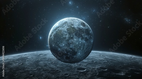 Lunar landscape. Moon and horizon view, cratered surface, starry sky backdrop, cold, desolated