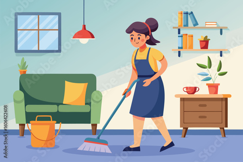 Woman mops floor in a cozy living room during daylight while maintaining cleanliness and organization in her home space