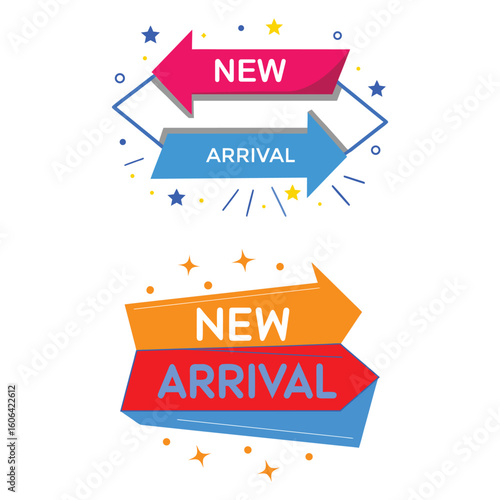 New arrival stickers feature vibrant arrows and star accents for promotions.
