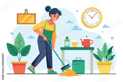 Woman cleaning the floor with a mop and bucket in a cozy home setting during the daytime, surrounded by plants and household items