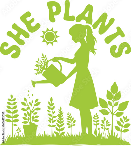 She Plants – Retro Wavy Groovy Botanical SVG Typography T-Shirt Design Celebrating Growth and Feminine Energy