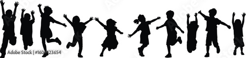 Silhouette of joyful kids jumping, group of children playing, active happy children in motion, isolated black vector on white background