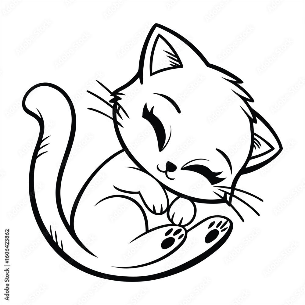 Naklejka premium A charming, hand-drawn black and white silhouette of a cute kitten curled up and sleeping peacefully