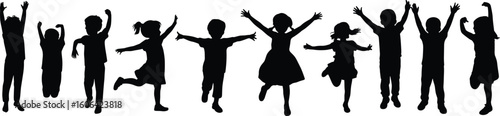 Silhouette of happy children jumping, kids group in motion, joyful childhood, black outline isolated on white background, vector illustration