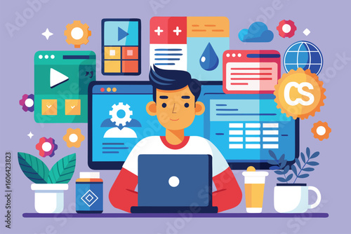 Web developer focused on programming languages and projects while working at a computer surrounded by design graphics and digital elements
