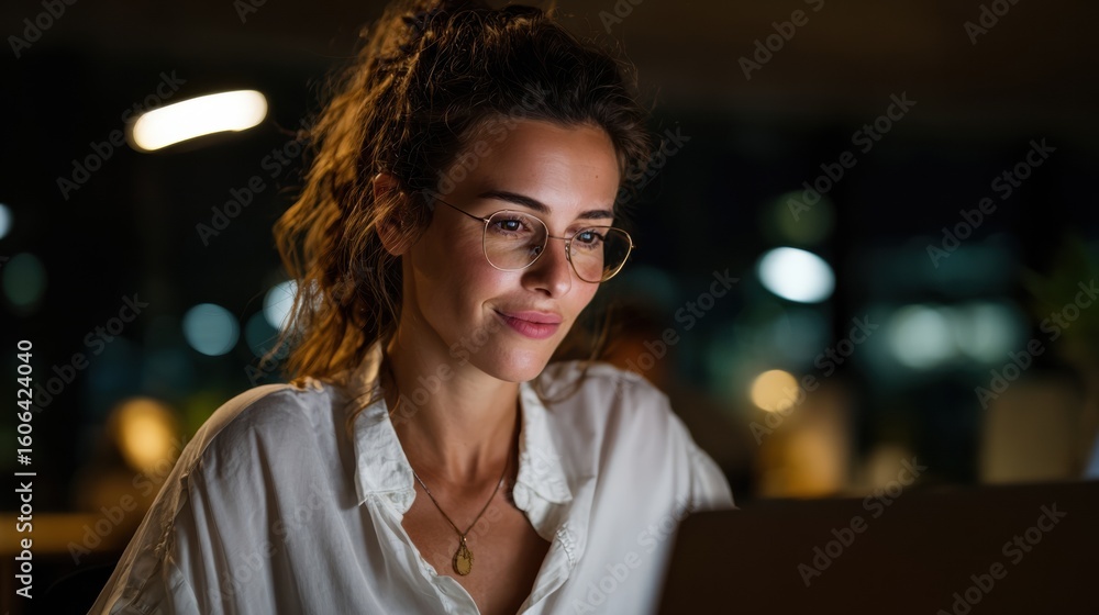 Focused young woman wearing glasses and a white blouse working late on a laptop in a dimly lit modern office, illuminated by warm lighting. dedication, concentration, and professional ambition