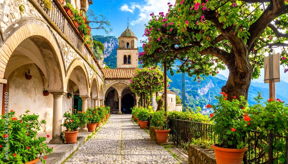 Fototapeta premium A picturesque pathway flanked by flowers and a historic building