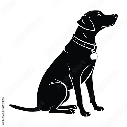 A striking black Labrador Retriever dog is depicted in a classic sitting pose, rendered in a clean silhouette style with a collar and tag