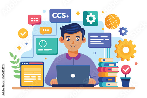 Web developer engaging with project using CSS and HTML tools while surrounded by learning materials and digital resources for enhanced programming skills