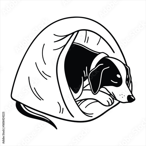 A charming black and white illustration of a dog peeking out from a blanket in a silhouette style