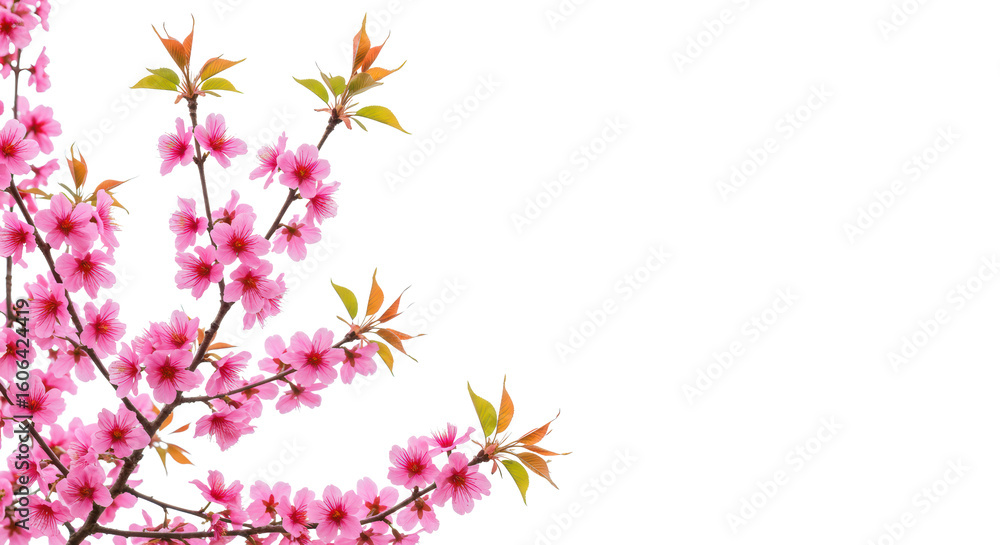 Vibrant pink cherry blossom branches in full bloom with green leaves, extending from top-left on a transparent background with copy space, soft natural light, ultra-realistic high-angle view, Vibrant pink cherry blossom branches in full bloom with green leaves, extending from top-left on a transparent background with copy space, soft natural light, ultra-realistic high-angle view,